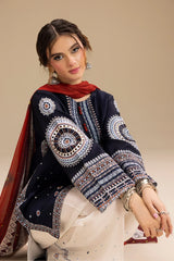 JAZMIN - 3PC DHANAK EMBROIDERED SHIRT WITH TWILL PRINTED SHAWL AND TROUSER